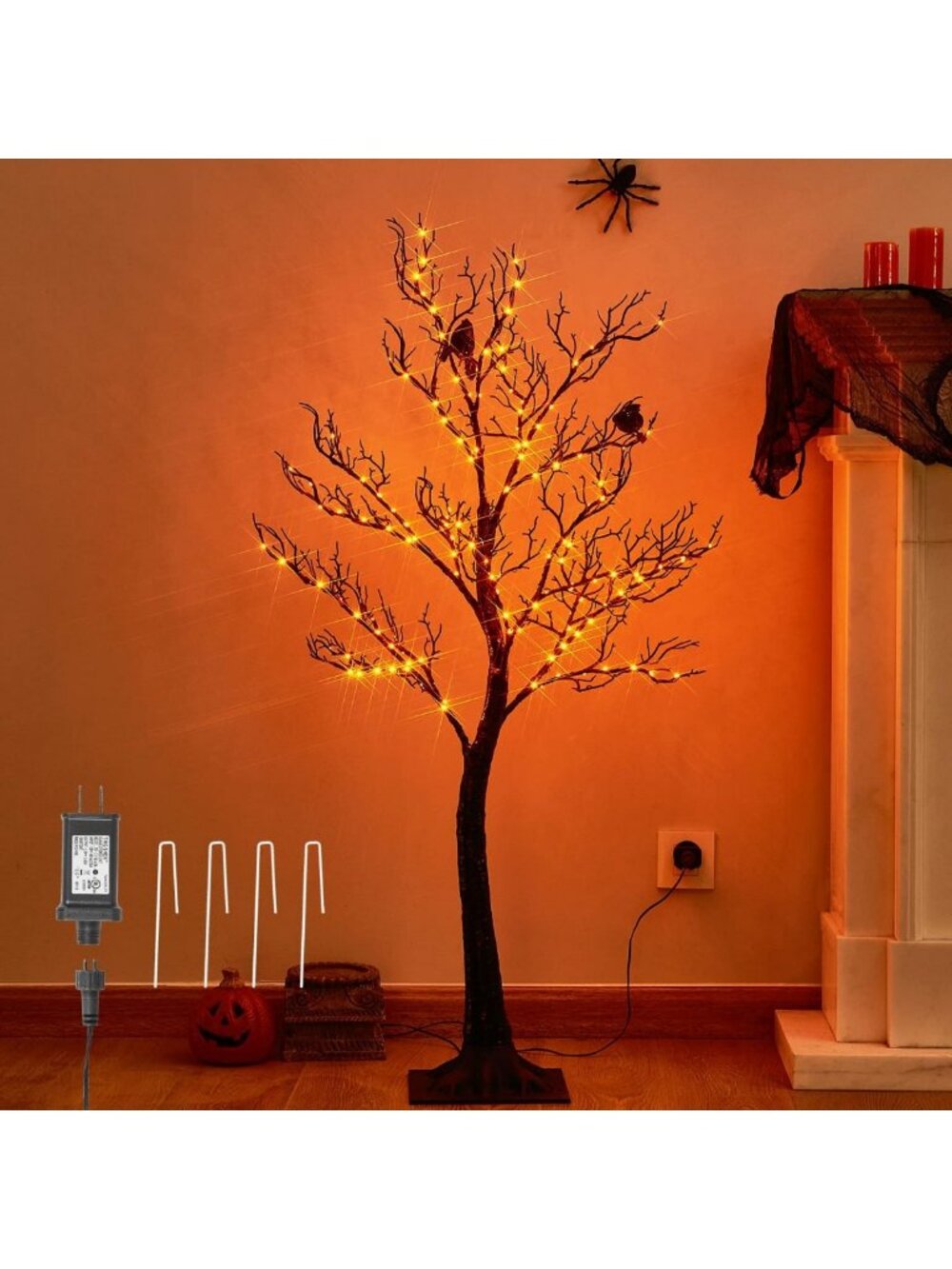 4FT Lighted Halloween Tree with 150 Orange Fairy Lights - Spooky Fall Decor for
